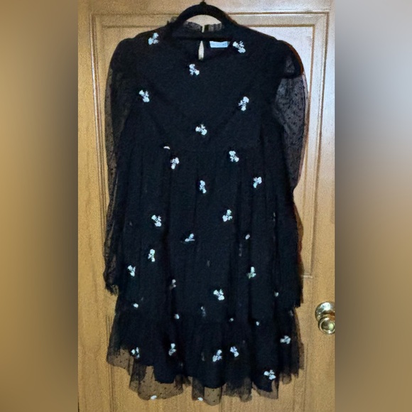 Zara Kids Girl Embroidered Tulle Dress Lined Black Sz 13-14 Sheer Long Sleeve - Picture 3 of 16